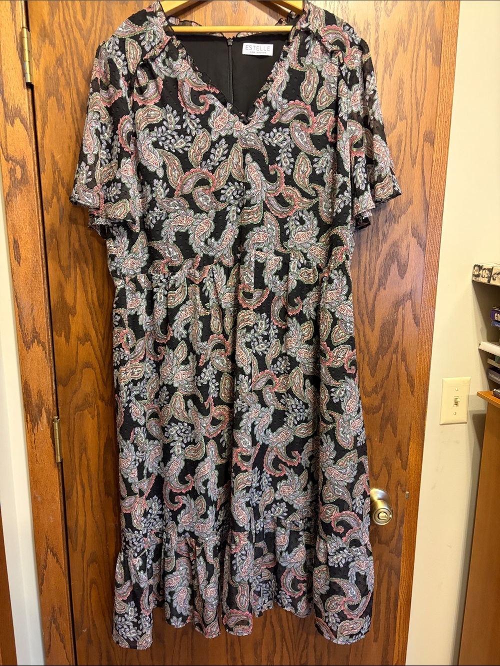 Estelle Black Paisley Midi Dress with Pink & Green Accents